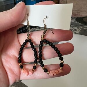 Tear Drop Bead Hoop Earrings - Black, Gold, Stone